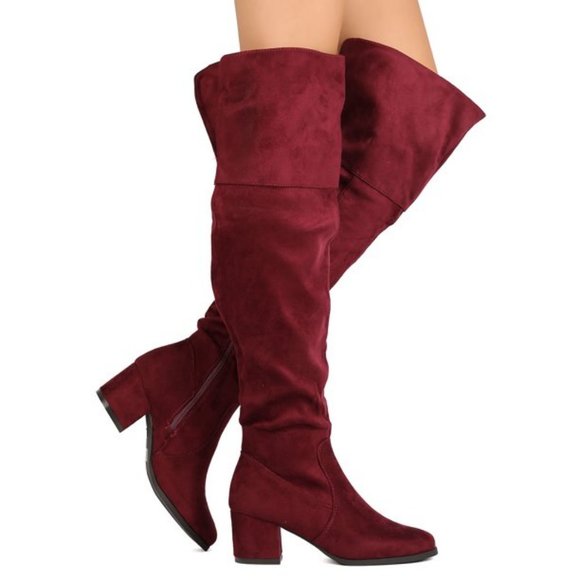 Refresh Almond Toe Vegan Suede Chunky Heel Burgundy Over The Knee Boots - Picture 2 of 3